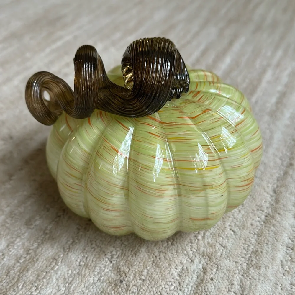 Hand Blown Art Glass Pumpkin Green Orange Flecks Twisted Reeded Clear Stem 5”x4”